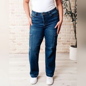 Judy Blue High Rise Dark Wash Wide Leg Classic Cargo Jeans 20 20W NEW